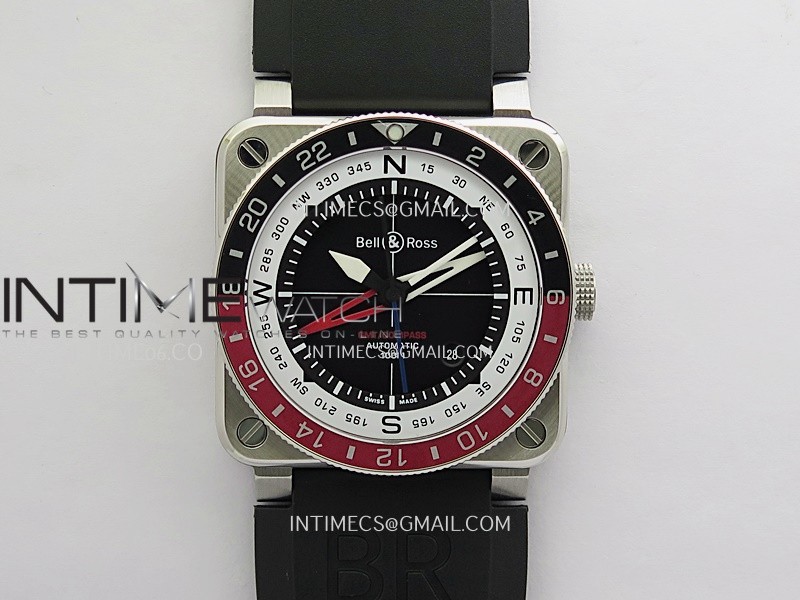 BR03 GMT Compass Black/Red Bezel SS B12 Best Edition Black Dial 42mm On Black Rubber Strap A2836 (Free Nylon Strap)