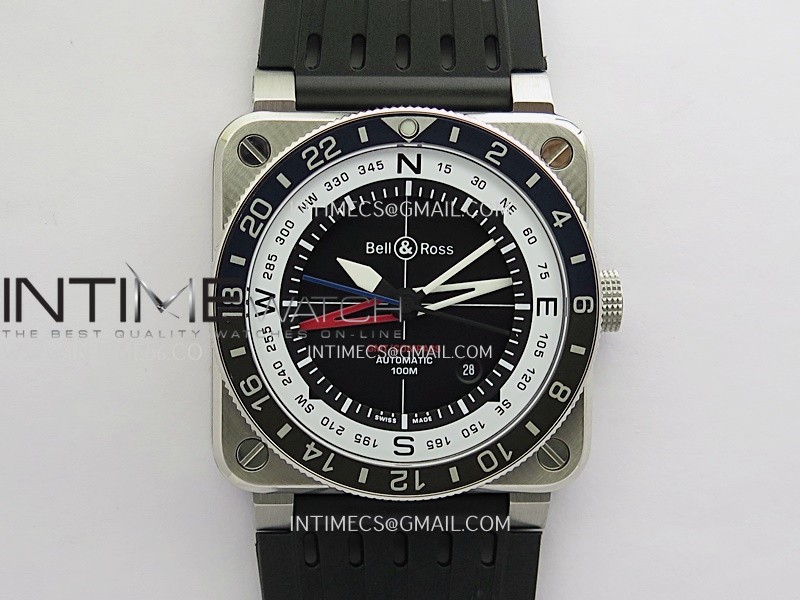 BR03 GMT Compass Blue/Black Bezel SS B12 Black Dial 42mm On Black Perforated Rubber Strap A2836 (Free Nylon Strap)