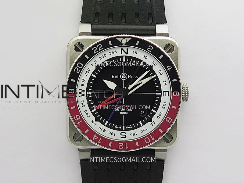 BR03 GMT Compass Black/Red Bezel SS B12 Black Dial 42mm On Black Perforated Rubber Strap A2836 (Free Nylon Strap)
