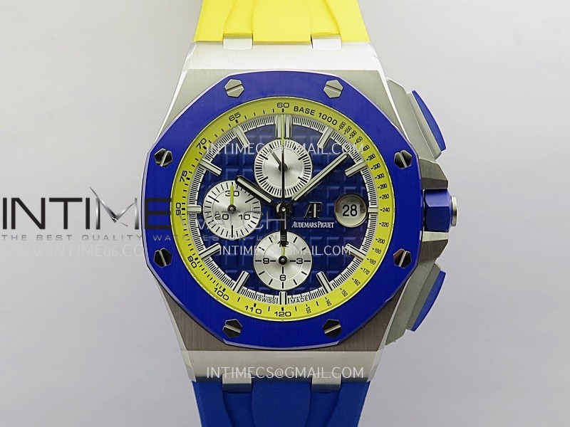 Royal Oak Offshore 44mm SS JF 1:1 Best Edition Blue Dial On Yellow/Blue Rubber Strap A3126