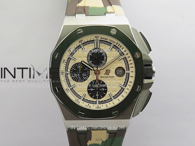 Royal Oak Offshore 44mm SS JF 1:1 Best Edition Cream Dial On Green Camo Rubber Strap A3126