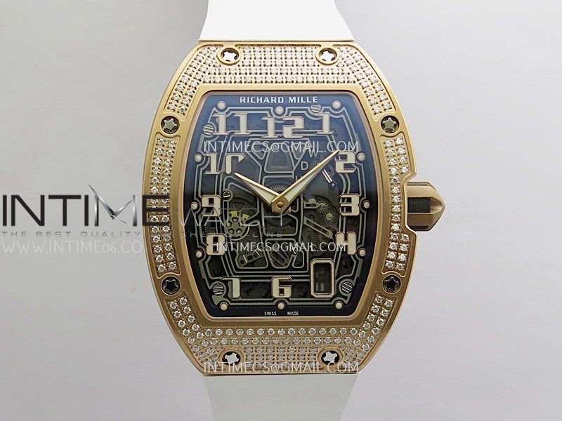 Mille Studio RM67-01 Real Power Reserve RG Black Skeleton Dial On White Rubber Strap CRMA7 Clone (Free Velcro Strap And Tool)
