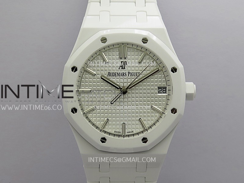 Royal Oak 41mm 15500 White Ceramic ZF Free Sprung 1:1 Silver Textured Dial On White Ceramic Bracelet Super Clone A4302