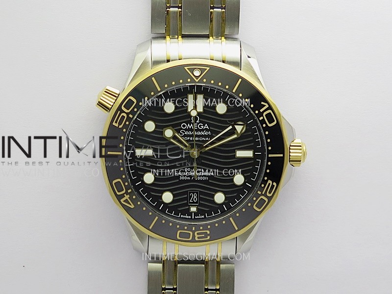 Seamaster Diver 300M Black Ceramic Bezel Free Sprung ORF 1:1 Black Dial On SS/YG Bracelet Asian Super Clone 8800