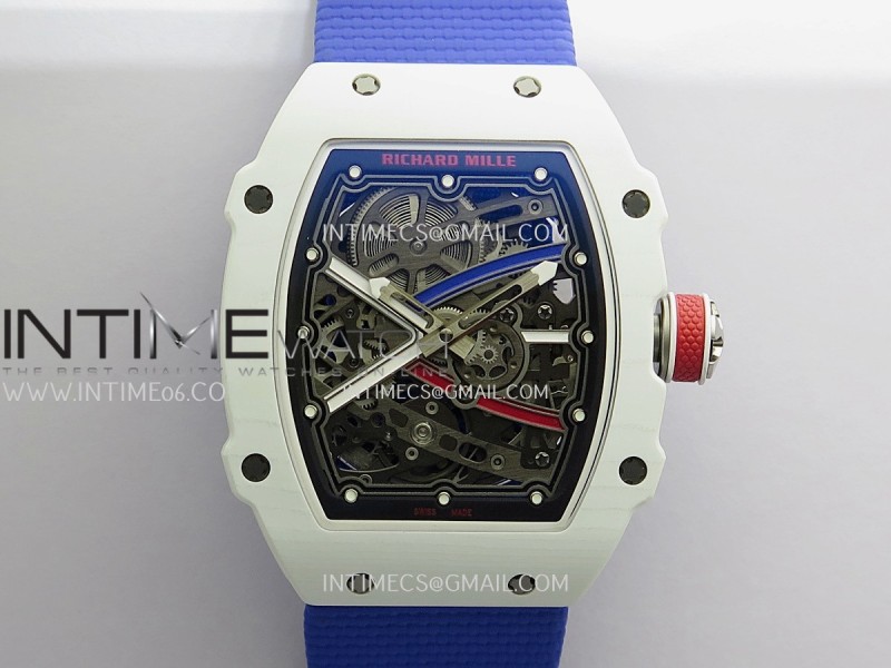 RM67-02 France White Ceramic Umi Office 1:1 Beat Edition Blue/Red/White Skeleton Dial On Blue Nylon Strap Super Clone CRMA7 V3