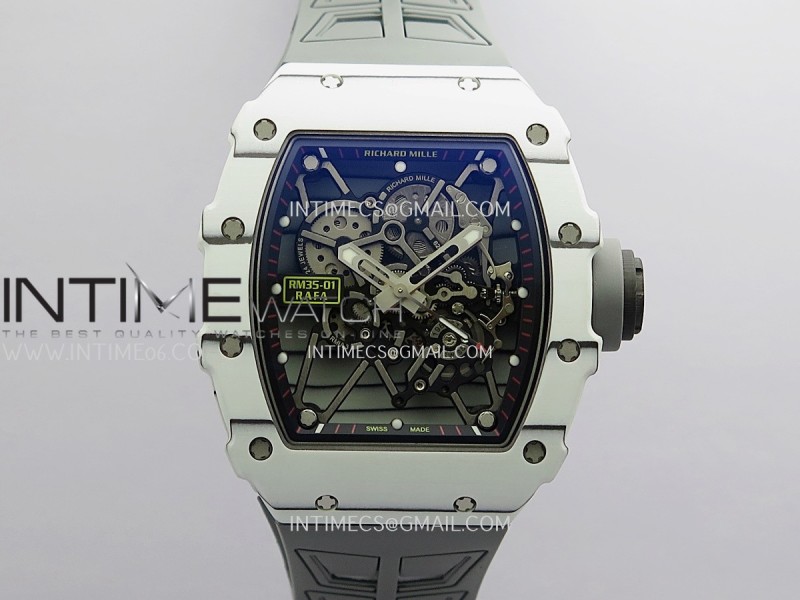 RM035-01 White Carbon GTF Best Edition Skeleton Dial On Gray Rubber Strap Super Clone RMUL2 (Free Sprung)
