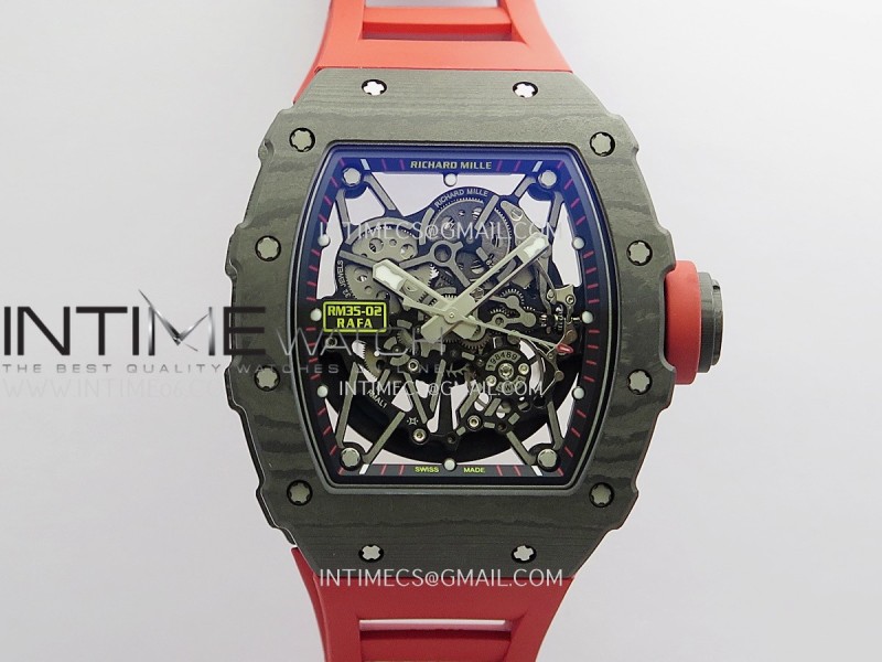 RM035-02 Black NTPT GTF Best Edition Skeleton Dial On Red Rubber Strap RMAL1 Super Clone (Free Sprung)