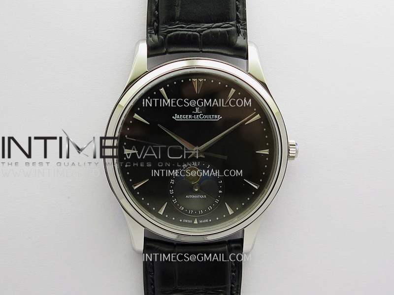 Master Ultra Thin Moon 1368420 SS GF 1:1 Best Edition Black Dial on Black Leather Strap Asian 925