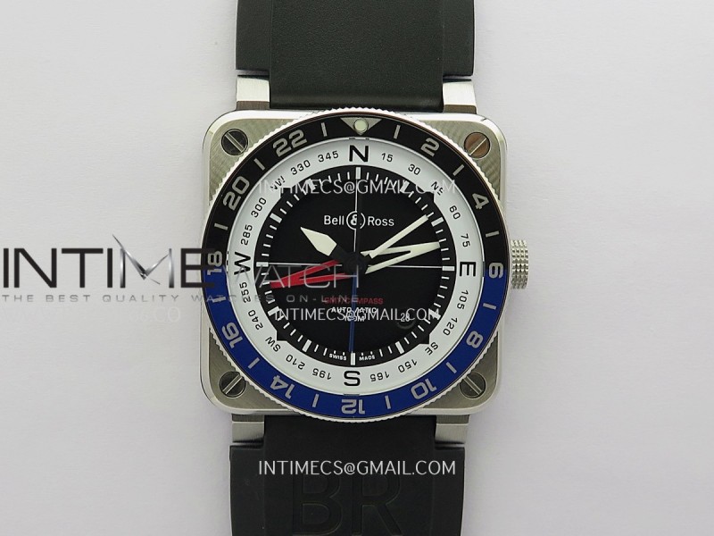 BR03 GMT Compass Black/Blue Bezel SS B12 Black Dial 42mm On Black Rubber Strap A2836 (Free Nylon Strap)