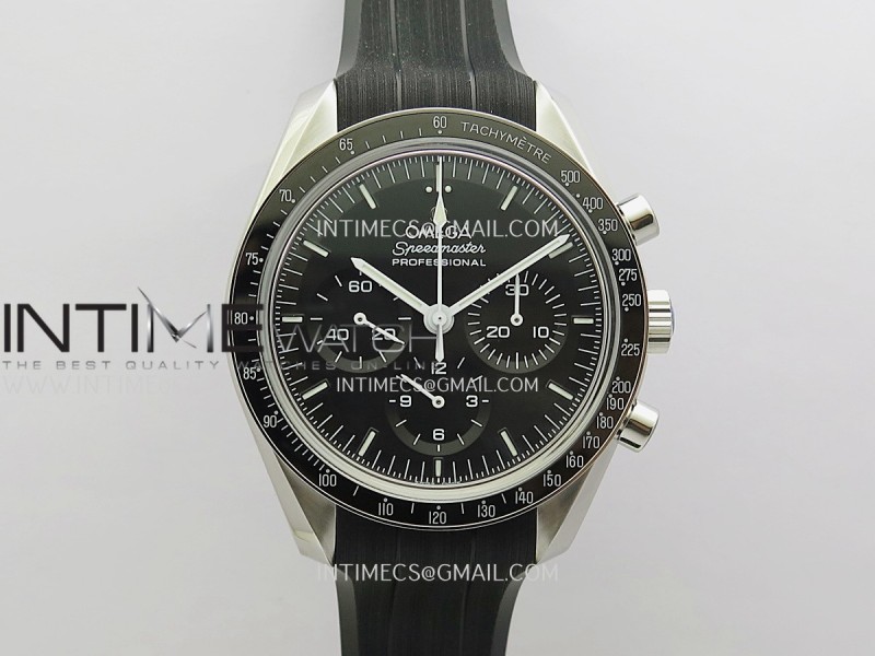 Speedmaster Professional 42mm SS SMF 1:1 Black Dial White Handset On Black Rubber Strap A3861 (Free Strap)