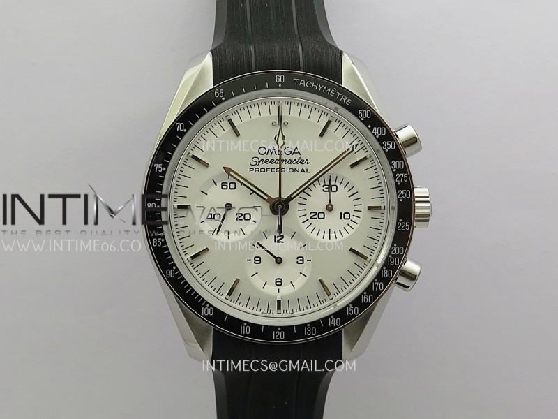 Speedmaster Professional 42mm SS SMF 1:1 Silver Dial Silver Marker On Black Rubber Strap A3861(Free Strap)