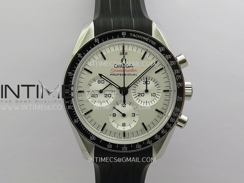 Speedmaster Professional 42mm SS SMF 1:1 Silver Dial Black Marker On Black Rubber Strap A3861 (Free Straps)