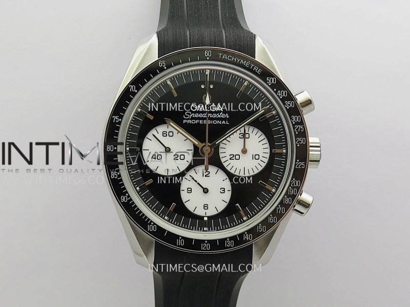 Speedmaster Professional 42mm SS SMF 1:1 Black Dial White Subdial On Black Rubber Strap A3861 (Free Strap)