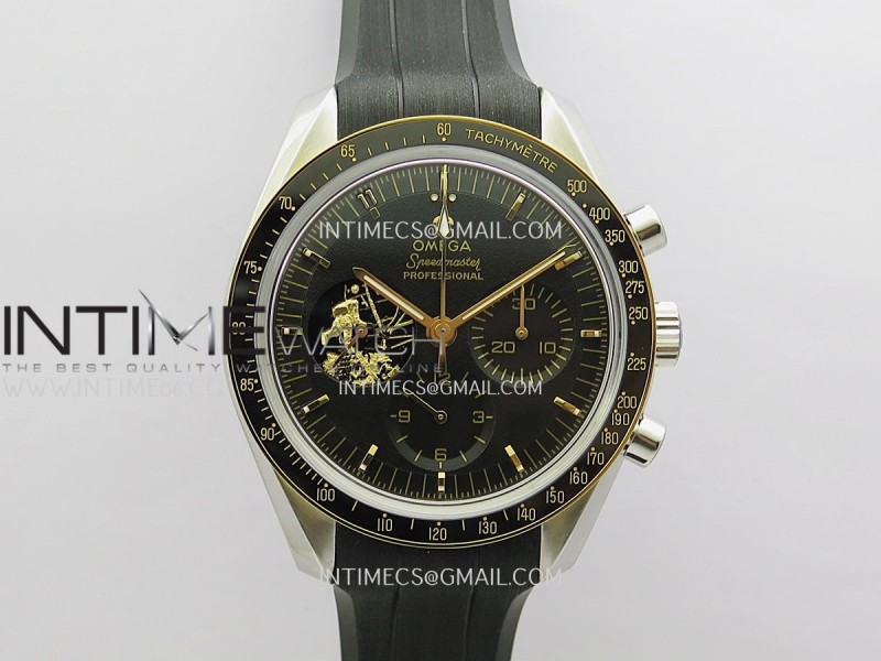 Speedmaster Professional 42mm SS/YG SMF 1:1 Apollo 11 50th Black Dial Gold Hands On Rubber Strap A3861 (Free Strap)