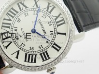 Ronde Louis Cartier SS UT Best Edition White Dial Diamond Bezel on Black Leather Strap