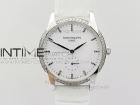 PP@6 SS Diamond Bezel Special Hour Markers Best White Dial on White Leather Strap
