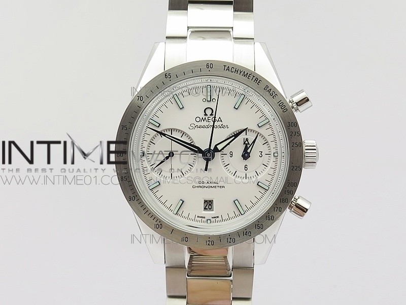 Speedmaster '57 Co-Axial OMF 1:1 Best Edition White Dial Blue Markers on SS Bracelet A9300