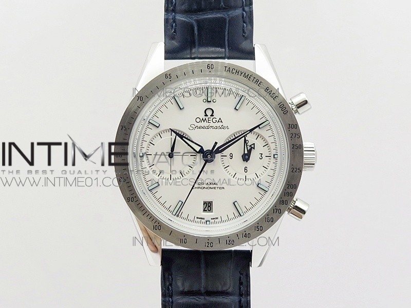 Speedmaster '57 Co-Axial OMF 1:1 Best Edition white Dial Blue markers on Blue Leather Strap A9300