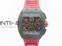 RM011 Carbon Case Chronograph KVF 1:1 Best Edition Carbon Bezel Skeleton Dial on Red Rubber Strap A7750