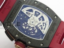 RM011 Carbon Case Chronograph KVF 1:1 Best Edition Carbon Bezel Skeleton Dial on Red Rubber Strap A7750