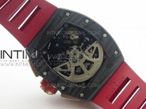 RM011 RG Case Chronograph KVF 1:1 Best Edition Carbon Bezel Skeleton Dial on Red Rubber Strap A7750