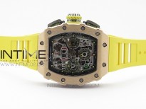RM011 RG Chronograph RG Case KVF 1:1 Best Edition Crystal Skeleton Dial on Yellow Rubber Strap A7750