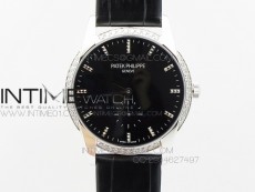 PP@6 SS Diamond Bezel Best Edition Black Dial on Black Leather Strap