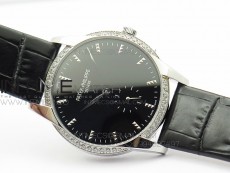PP@6 SS Diamond Bezel Best Edition Black Dial on Black Leather Strap
