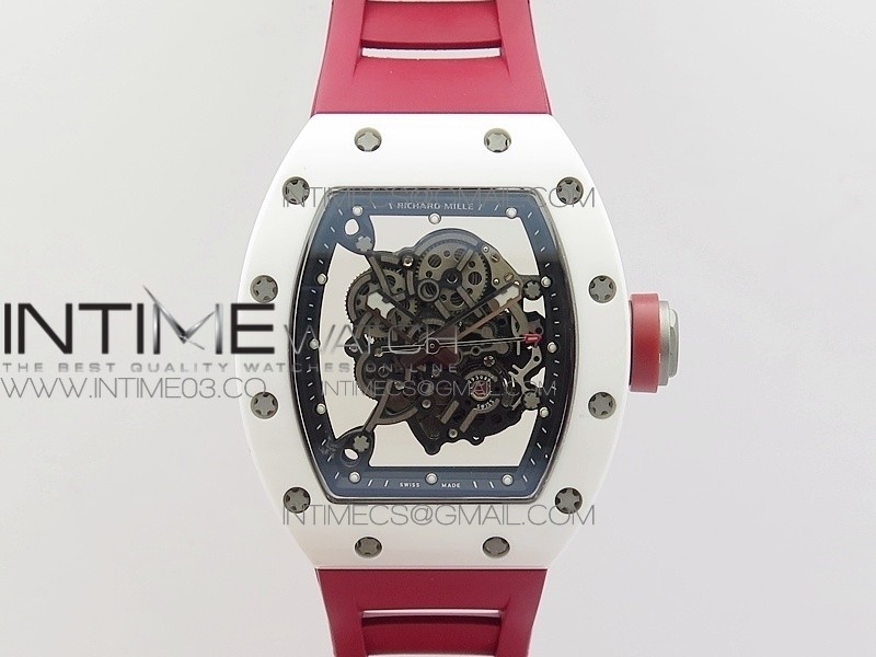 RM055 Real White Ceramic Case V2 KVF Best Edition Skeleton Dial Red Crown on Red Rubber Strap MIYOTA8215