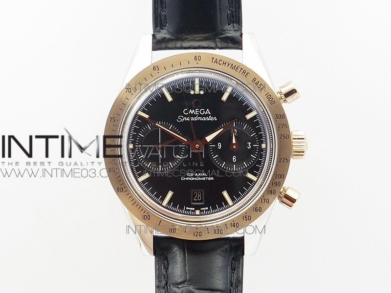 Speedmaster '57 Co-Axial RG/SS OMF 1:1 Best Edition Black Dial White Markers on Black Leather Strap A9300