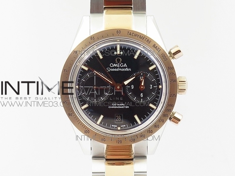 Speedmaster '57 Co-Axial RG/SS OMF 1:1 Best Edition Black Dial White Markers on RG/SS Bracelet A9300