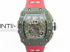 RM011 Carbon Case Chrono KVF 1:1 Best Edition Crystal Skeleton Yellow Dial on Red Rubber Strap A7750