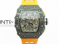 RM011 Carbon Case Chrono KVF 1:1 Best Edition Crystal Skeleton Yellow Dial on Orange Rubber Strap A7750