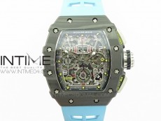 RM011 Carbon Case Chrono KVF 1:1 Best Edition Crystal Skeleton Yellow Dial on Blue Rubber Strap A7750