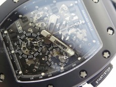 RM011 Ceramic Chronograph KVF 1:1 Best Edition Crystal Skeleton Dial Black on Black Rubber Strap A7750