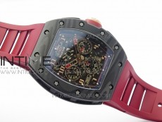 RM011 Carbon Case Chronograph KVF 1:1 Best Edition Carbon Bezel Skeleton Dial on Red Rubber Strap A7750