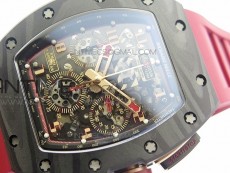 RM011 Carbon Case Chronograph KVF 1:1 Best Edition Carbon Bezel Skeleton Dial on Red Rubber Strap A7750