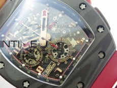 RM011 Carbon Case Chronograph KVF 1:1 Best Edition Carbon Bezel Skeleton Dial on Red Rubber Strap A7750