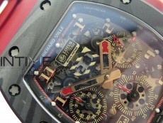 RM011 Carbon Case Chronograph KVF 1:1 Best Edition Carbon Bezel Skeleton Dial on Red Rubber Strap A7750