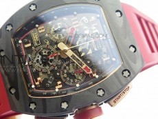 RM011 RG Case Chronograph KVF 1:1 Best Edition Carbon Bezel Skeleton Dial on Red Rubber Strap A7750