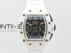 RM011 Ceramic Case Chronograph KVF 1:1 Best Edition White Ceramic Bezel Skeleton Dial on White Rubber Strap A7750