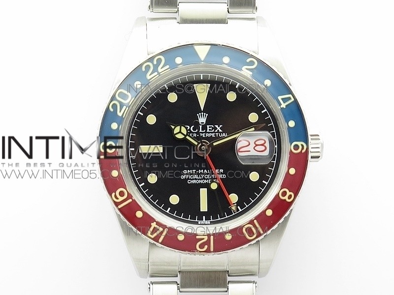 Vintage GMT Master 6542 Blue/Red Bezel B12 Black Dial on SS Bracelet A2836