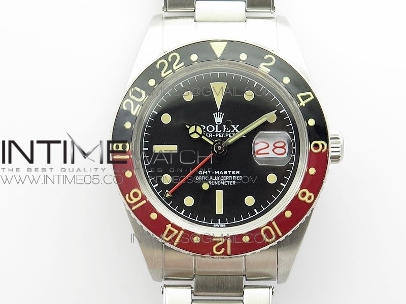 Vintage GMT Master 6542 Black/Red Bezel B12 Black Dial Style02 on SS Bracelet A2836
