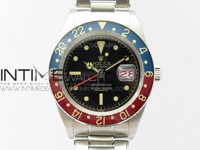 Vintage GMT Master 6542 Blue/Red Bezel B12 Black Dial Style02 on SS Bracelet A2836