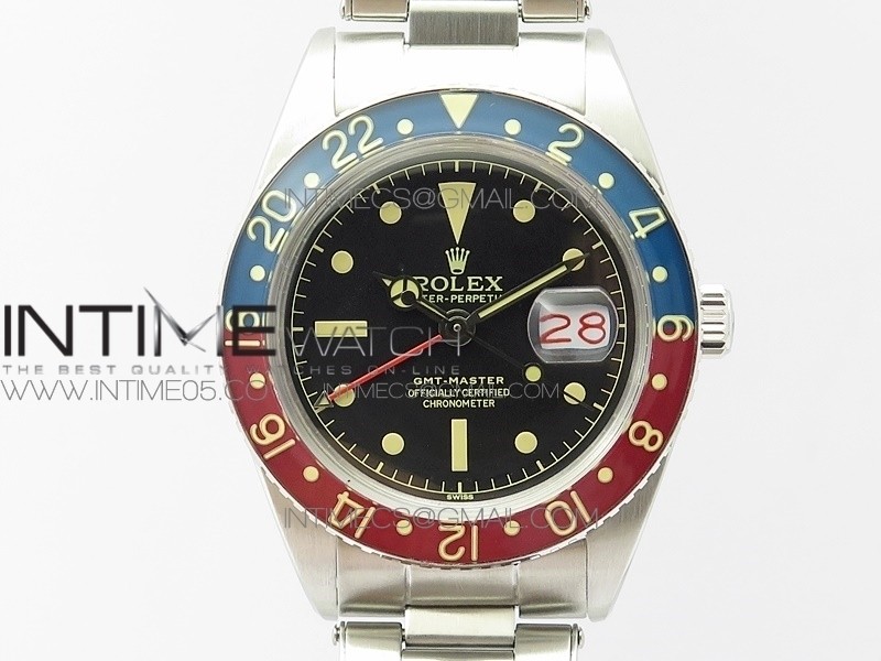 Vintage GMT Master 6542 Blue/Red Bezel B12 Black Dial Style03 on SS Bracelet A2836