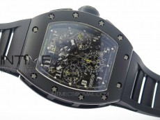 RM011 Carbon Case Chronograph KVF 1:1 Best Edition Ceramic Bezel Skeleton Dial on Black Rubber Strap A7750