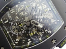 RM011 Carbon Case Chronograph KVF 1:1 Best Edition Ceramic Bezel Skeleton Dial on Black Rubber Strap A7750