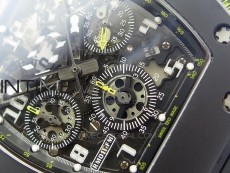 RM011 Carbon Case Chronograph KVF 1:1 Best Edition Ceramic Bezel Skeleton Dial on Black Rubber Strap A7750