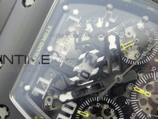 RM011 Carbon Case Chronograph KVF 1:1 Best Edition Ceramic Bezel Skeleton Dial on Black Rubber Strap A7750