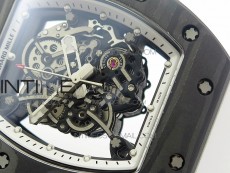 RM055 Ti Case KVF Best Edition Carbon Bezel Skeleton Dial Black Crown on White Rubber Strap MIYOTA8215